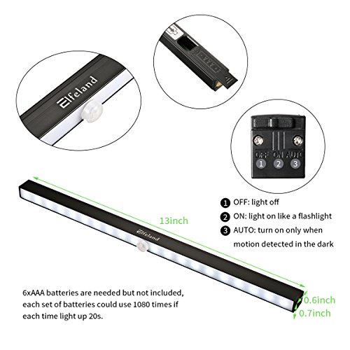 LED Closet Light, Elfeland 20LED Under Cabinet lights, Auto On/Off Cupboard Light Bar, Motion Sensor Wireless Wardrobe Light, Cordless Battery Operated Step Light Bar for Pantry, Stair, 2 Pack