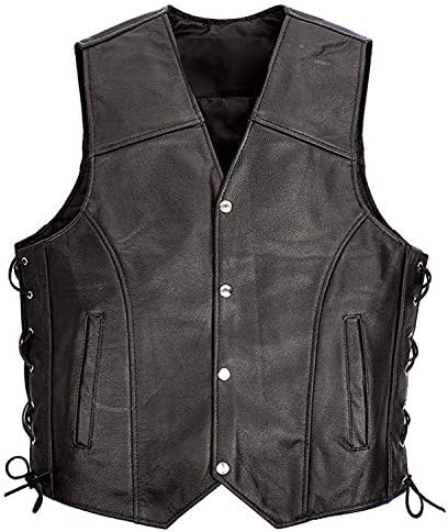 Americanfinestsports Men's Real Leather Biker Style Waistcoat Genuine Leather Motorcycle Vest Lacing ES6008