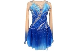Artskatting Girls' Figure Skating Dress, Blue & Light Blue Patchwork, Asymmetric Hem, Mesh Spandex Performance Costume for Co