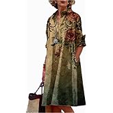 MARSVOVO Womens Linen Long Sleeve Midi Printed Button Down Shirt Dress Plus Size Loose Shirt Dresses for Women with 2 Pockets