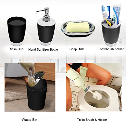 TEKITSFUN Black Bathroom Accessories Set,6 Pcs Plastic Gift Bath Accessory Set Luxury Ensemble Includes Toothbrush Holder,Toothbrush Cup,Soap Dispenser,Soap Dish,Toilet Brush Holder,Trash Can - Thumbnail 2