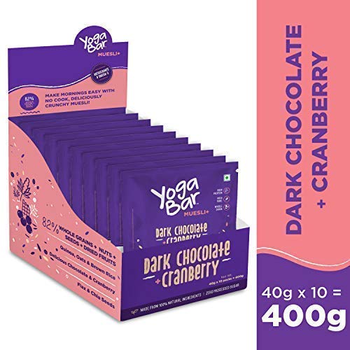 Yogabar Muesli+ Wholegrain Breakfast Muesli - Dark Chocolate + Cranberry, 40g*10 (Pack of 10 Pouch)