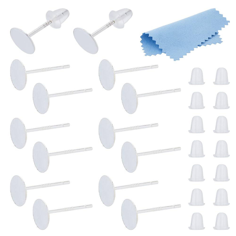 DICOSMETIC 8 Pairs 925 Sterling Silver Earrings Posts Flat Pad Earring Studs 6mm Silver Earring Pads Blanks Earring Pin with 50Pcs Ear Nuts and 1Pc Polishing Cloth for Jewelry Making