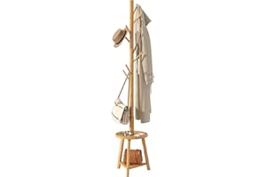 BMOSU Coat Rack freestanding Stand with 2 Shelves Bamboo Wooden Coat Tree Easy Assembly 8 Hooks Standing Jackets Hanger Hallway Office Floor Coat Stand Nature