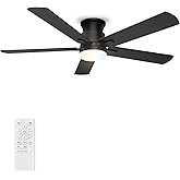 Ceiling Fans with Lights 52 Inch, Flush Mount, Remote Control, 3CCT Dimmable, 6 Speeds, Quiet Reversible DC Motor, Low Profile Hugger Ceiling Fan for Bedroom, Living Room, Indoor/Outdoor, ETL