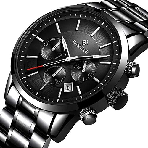 Watches Mens Fashion Black Steel Waterproof Analog Quartz Gents Watch Top Brand Business Date Wristwatch Military Chronograph Clock Casual Dress Watch