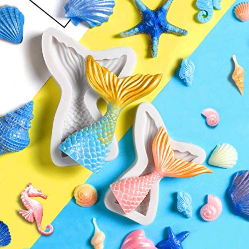 Koogel 21pcs Marine Theme Fondant Silicone Mold,Mermaid Chocolate Mold Mermaid Tail Mold Seahorse Dolphin Seashell Starfish Mold for Cake Decoration Candy Polymer Clay Sugar Craft