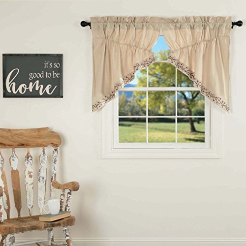 Piper Classics Twig & Berry Vine Prairie Gathered Swag Curtains, 36" Long, Beige w/Embroidered Berries, Farmhouse Country Primitive Window Treatment