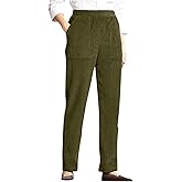 BIRW Green M 2024 Womens Straight Leg Corduroy Pants Casual High Waist Elastic Pull On Trousers Fashion Office Work Fall Winter Pant with Pockets