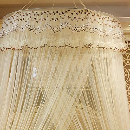 Mosquito net Luxury Princess Pastoral Lace Bed Canopy Net Crib, Round Hoop Princess Girl Pastoral Lace Bed Canopy Mosquito Net Fit Crib Twin Full Queen Extra large Bed 53in large diameter ,Beige - Thumbnail 2