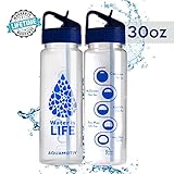 30 oz Flip Straw Inspirational Fitness Water Bottle with Motivational Time Measurements/ Goal Markers | Track Water Intake with BPA-Free Non-Toxic Tritan Bottle | BONUS Fruit Flavored Recipes