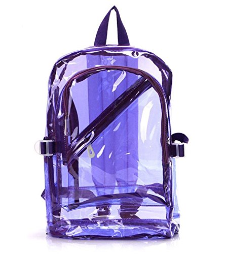 Mochila transparente clásica de color morado con bolsillos laterales.