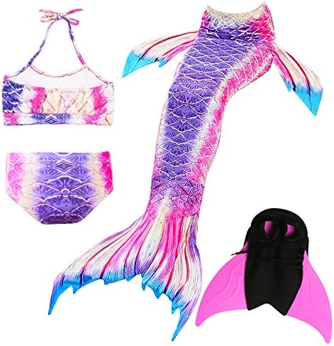 Das beste Girls Mermaid Tail Swimsuit with Monofin Girl's Mermaid Tail for Swimming,Colorful Swimmable Costume Cosplay Princess Swimwear Bikini Set Bathing Suit Set with Mono Fin Four Pcs