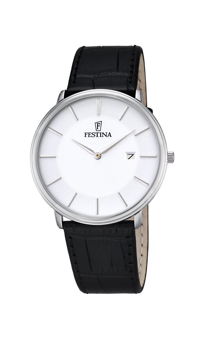 Festina CLASSIC Men's Quartz Watch with White Dial Analogue Display and Black Leather Strap F6839/2