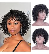 Brinbea 12" Short Curly Wigs for Black Women 100% Brazilian Remy Hair Full Head Wave Curls Lightw...