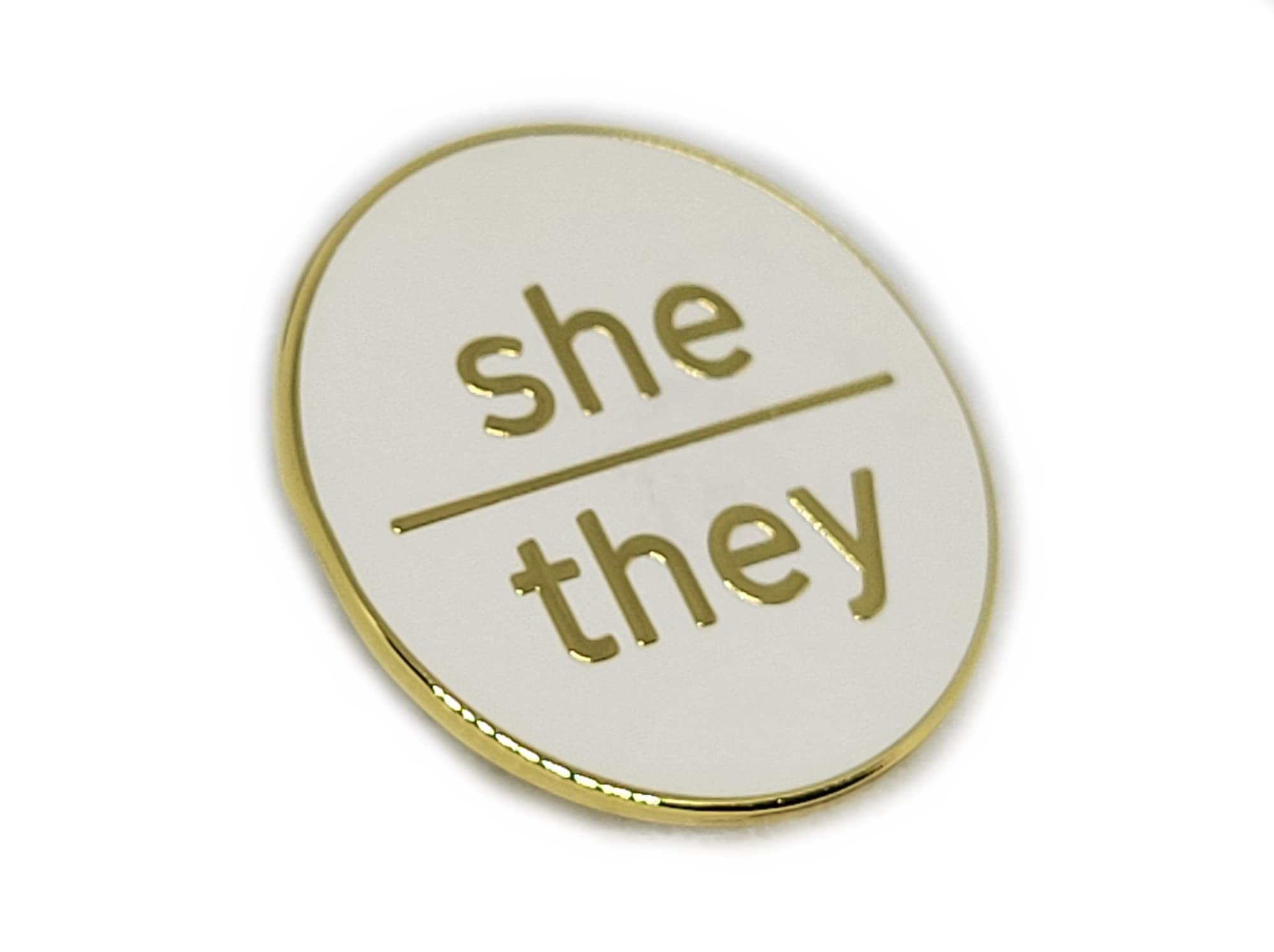 She They Pronoun Pin White Hard Enamel Gold Finish Pronoun Lowercase Minimalist