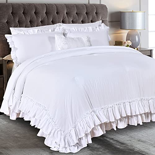Photo 1 of Masaca White Ruffled Comforter Set Queen,Lightweight Farmhouse Shabby Boho Chic White Bedding,Ultra Soft Fluffy Washed Microfiber Bed Comforter Set 3-Piece (1 White Comforter+2 Ruffle Pillow Shams)