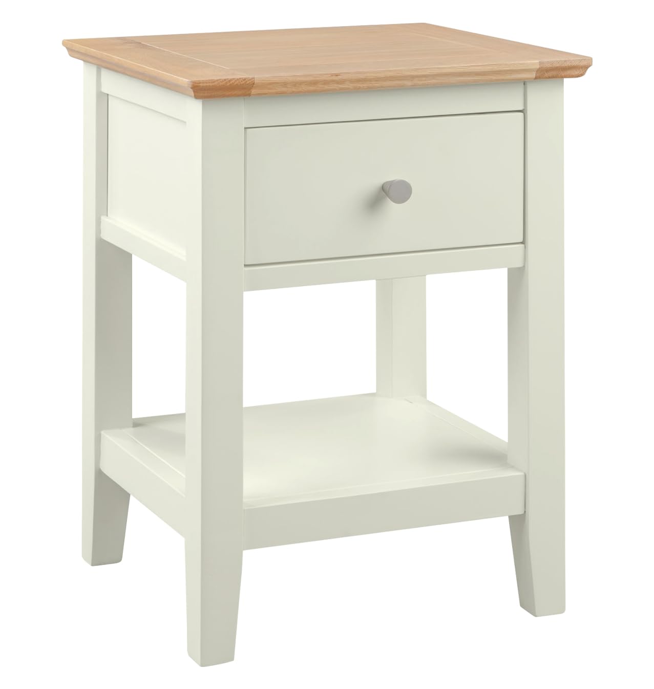 Hallowood Furniture Clifton Painted Off White Wooden Side Table with Drawer and Shelf, Oak Top Coffee or Lamp Table, Fully Assembled Bedside, Living Room or Hallway Furniture