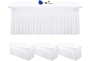 LUMAYCENS 4 Pack White Table Skirt for Rectangle Tables 6 FT Spandex Table Skirts Stretch Fit Tablecloth,One-Piece Wrinkle Resistant Ruffles Elastic Table Covers and Table Skirts for Parties,Wedding,Banquets
