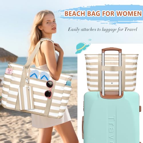 KTUEOV Large XXL Family Beach Bag, Waterproof 45L Women's Beach Bag with Zip, 12 Pockets, Beach Bag for Men Beach Foldable Lightweight for Swimming Pool, Travel, Gym, Shopping