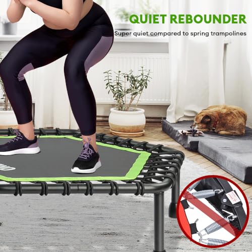 ONETWOFIT 107/114cm Trampolín de Rebote para Adultos, Mini trampolín silencioso para Ejercicio en Interiores al Aire Libre, trampolín de Fitness con Rebote Bungee Verde