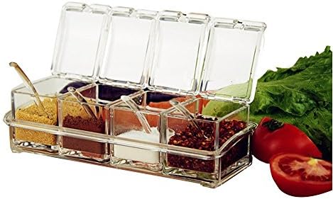 Premium Quality Clear Seasoning Rack Spice Pots - 4 Piece Acrylic Seasoning Box - Storage Container Condiment Jars - Cruet with Cover and Spoon