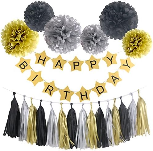 Simal Decor Black Gold And Silver Birthday Party Favor Set Star Shaped Happy Birthday Banner with Tissue Paper Pom Poms Flower and Paper Tassels for Party Decorations