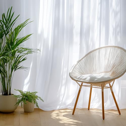 PONY DANCE White Curtains, Living Room, 245 cm High Curtain, Transparent Curtains, Linen Look Voile Curtain, White Curtains, Eyelet Curtain, Translucent, 245 x 140 cm, Set of 2