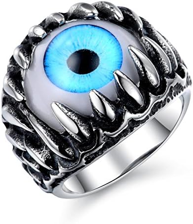 EnM Jewelry Vintage Men's Stainless Steel Ring Gothic Blue Evil Eye in Dragon Teeth Punk Biker Ring 10