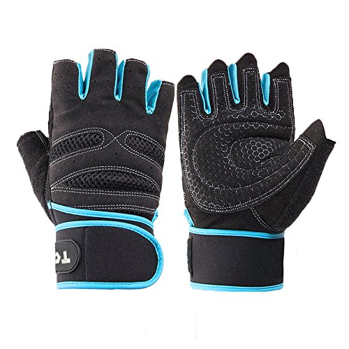 TClian 525 Men's Training Fitness Gym Gloves, Training Fitness Workout Wrist Wrap Workout Exercise (Blue, L)