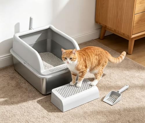 SLEEPHEAD® Stainless Steel Cat Litter Box，Metal Kitty Litter Box with High Wall Sides Enclosure for Big and Small Cats,with Footboard and Scoop Odor Control, Easy Clean,Non-Sticky, Anti-Leakage