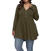 Gocolloa Plus Size Tops for Women Curvy Fall Long Sleeve Dressy Tops Button V Neck Henley Shirts Casual Flowy Tunic Blouses