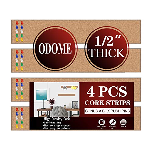 ODOME 4 PCS Cork Board Strips 15" x 2" 1/2" Thick,100 Natural Cork Bulletin Bar Strips,Ultra