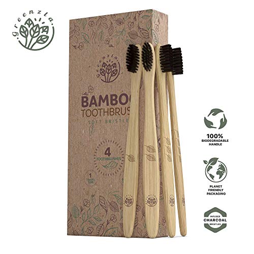 Greenzla Bamboo Toothbrush Set (4 Pack) With Travel Toothbrush Case & Charcoal Dental Floss in Small Jar | Natural Eco Friendly Toothbrushes for Adults | BPA Free & Biodegradable Wooden Toothbrushes