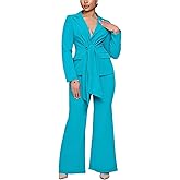 Womens Suits 2 Piece Set Business Casual Work Outfits Office Long Sleeve Tie Waist Blazer and Pants Sets