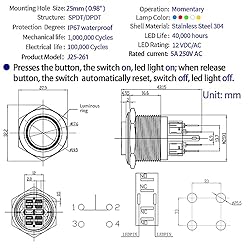 UL Certification 25MM Momentary Push Button Switch