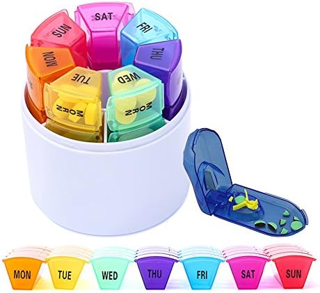 Saiko 7 Days Pill Box Portable Weekly Pills Organiser Dispenser Mediplanner with Pills Splitter Cutter Medication Reminder for Morn Noon Eve Bed BPA Free (White - 2)