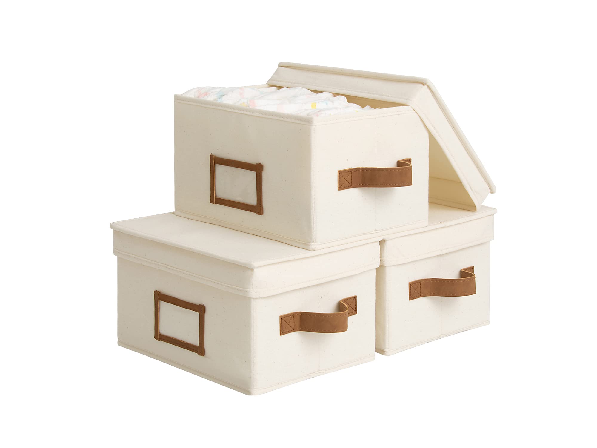 Photo 1 of StorageWorks Storage Bins with Lids, Decorative Storage Boxes with Lid and PU Handles, Foldable Storage Baskets for Closet, Shelves, Stackable, Ivory, Medium, 3-Pack