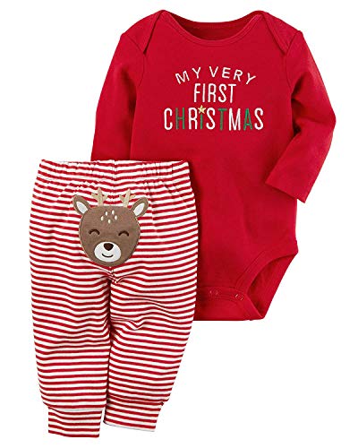 agapeng trajes de navidad para bebés, niñas, niños, mis primeros mamelucos de navidad, mono + pantalones con estampado de ciervos a rayas + sombrero de navidad 6-9 meses rojo