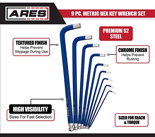 image for 9pc Metric Long Arm Ball End Hex Key Wrench Set | ARES 70165 | Chrome 