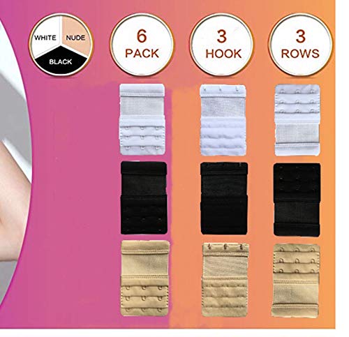 6Pcs Women Bra Extenders Bra Strap Extenders for Ladies Soft Bra Extension Strap Comfortable Set 3 Rows 3 Hooks Elastic Extender Black-Beige-White