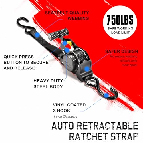 KAPEICamper Retractable Ratchet Straps 1 in x 10 ft, Secure Tie-Downs with Rubber-Coated Handles & S-Hooks, For Moving Motorcycle, Bike,Cargo,Breaking Strength 1,500Lbs (Round wheel T-handle black)