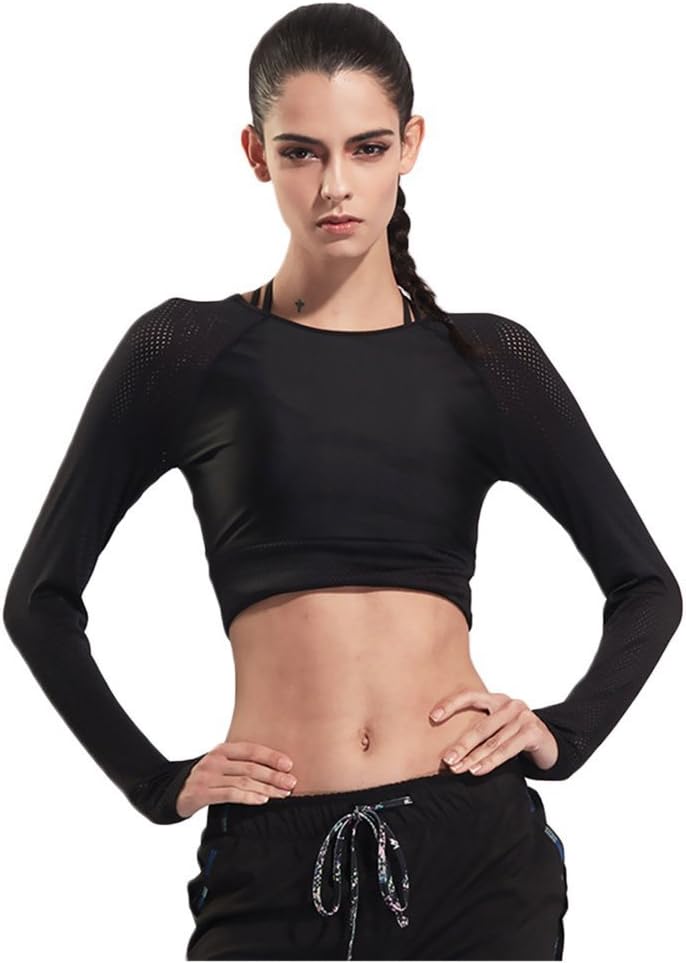 Women Workout Crop Top with Thumb Holes Long Sleeve T-Shirts Yoga Running Sports Fitness Tights Tees