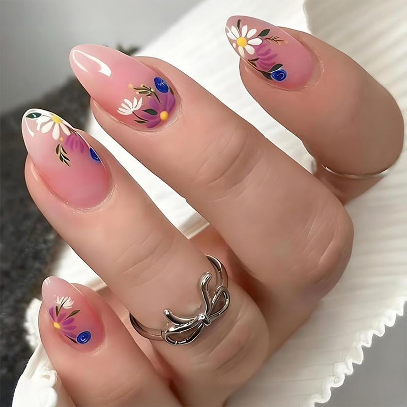 Flower Press on Nails Short Almond Fake Nails with Pink Floral Design Glossy Pink Glue on Nails White Daisy Nails Press ons Reusable Full Cover Spring Summer Acrylic Nails for Women Manicure 24Pcs at Amazon