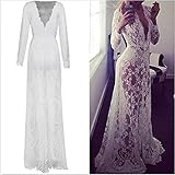 Wispun Sexy Deep-V Long Sleeve Lace Beach Dress See-Through Mullet Dress