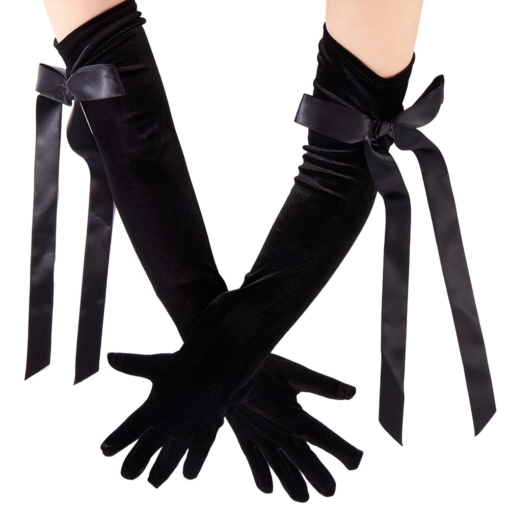 CABODYALS 1 Pair Black Velvet Gloves Long Elegant Elbow Length Opera Formal Gloves 1920s Flapper Gatsby Costume Accessories with Bow Ribbon for Women Christmas Evening Party Dresses Cosplay Wedding โ image 1