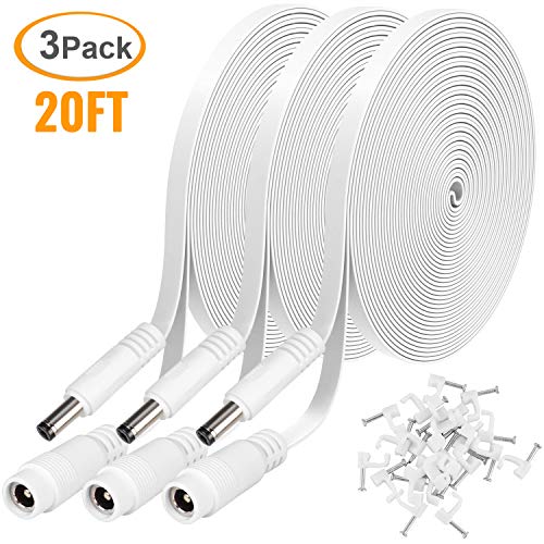 3 Pack DC Power Extension Cable 20ft 2.1mm x 5.5mm Compatible with 12V DC Adapter Cord for CCTV IP Camera, LED, Car - White