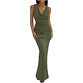 BTFBM Cocktail Dresses for Women Spring 2026 Cowl Neck Sleeveless Ruched Slim Fit Maxi Summer Formal Wedding Guest Dress