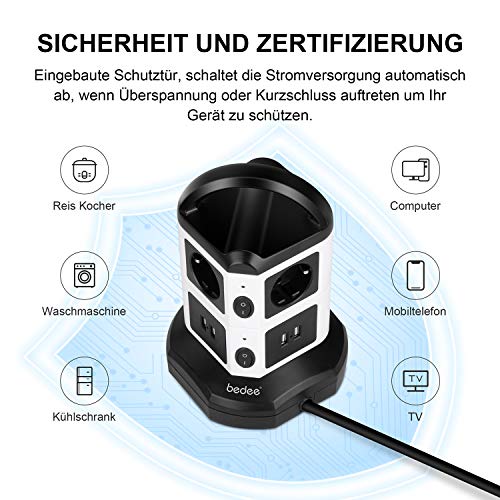 bedee Steckdosenleiste, Vertikale Mehrfachsteckdose, 6 Fach Steckdosenturm mit 4 USB Ladeanschlüsse Überspannungsschutz Steckdose, Tragbar Steckdosen mit Schalter 6,6ft Kabel für TV/PC/Laptops/iPhone