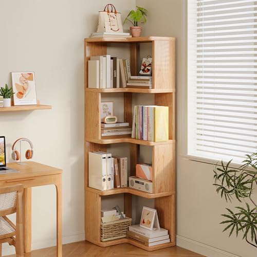 KINTOP Librero Esquinero de Pino Macizo, Estantería Angular para Sala y Recámara - Mueble Organizador para Libros, Plantas y Decoración, Diseño Minimalista(40 * 40 * 130cm)
